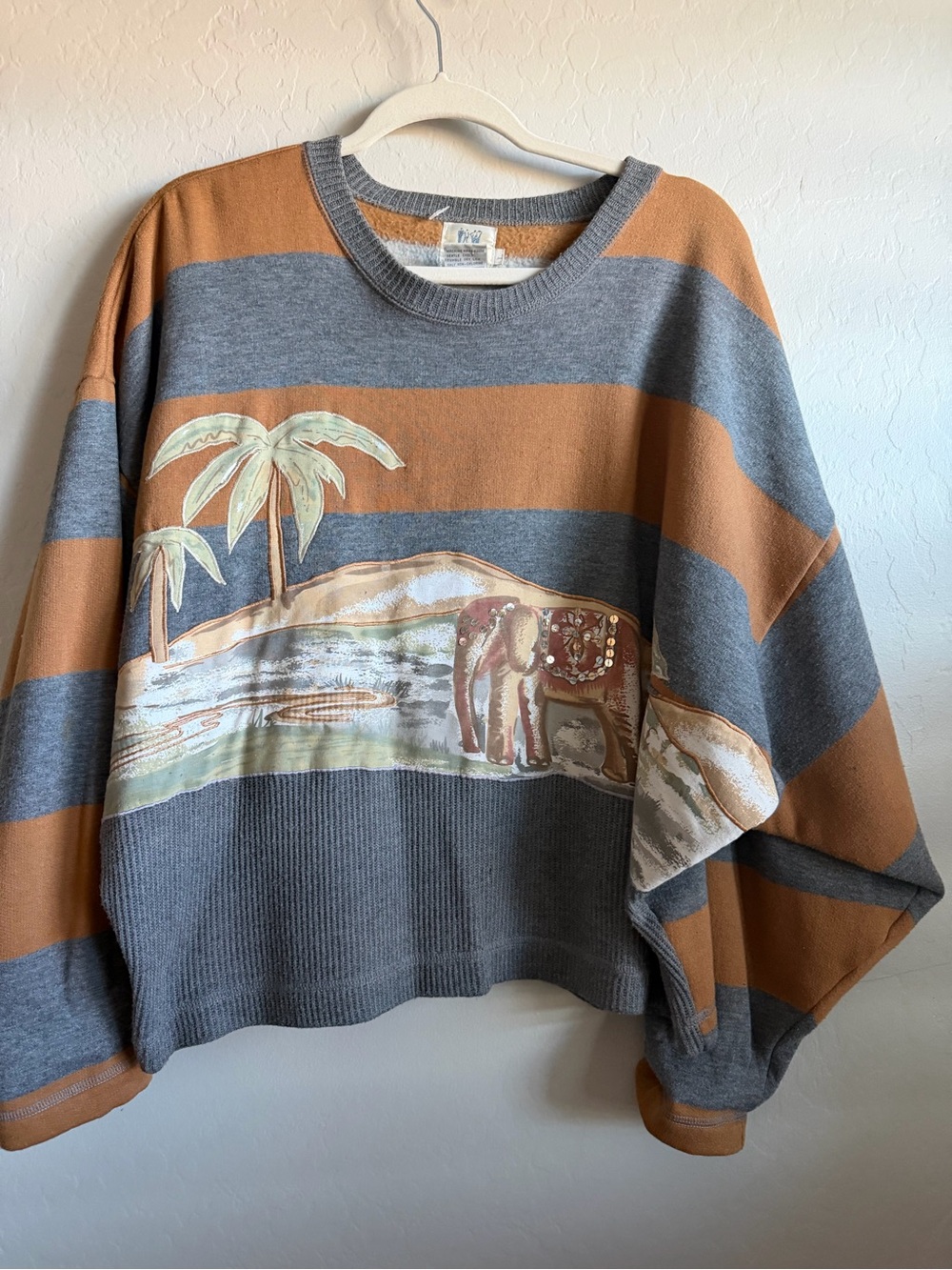 Together Men's Grey and Tan Striped Crewneck Sweater with Elephant Motif